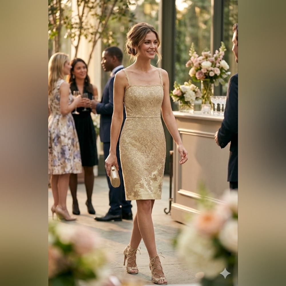 Red Valentino Size IT 42 (US 6) Gold Lace Cocktail Dress